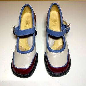 John Fluevog Ruby Red, Blue & Cream Mini: Gorgeous MaryJane, size 8
